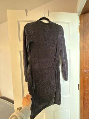 London Times Long Sleeve Side Drape Glitter Sparkle Mini Dress